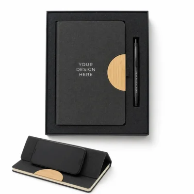 A5 PU Notebook with Bamboo Mobile Holder & Metal Pen Gift Set
