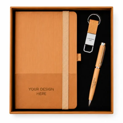 Premium Notebook, Metal Pen & Keychain Gift Set with Magnetic Ribbon Handle Box