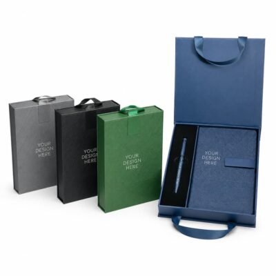 Premium PU Notebook & Metal Pen Gift Set with Ribbon Handle Box