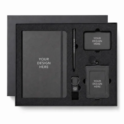 Sustainable 5-Piece Onboarding Gift Set with Notebook, Metal Pen, 32GB USB Keychain, ID Card Holder & Magnetic Card Holder