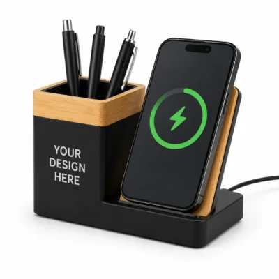 Bamboo Pen Holder with 15W Wireless Charging Stand & Light-Up Logo