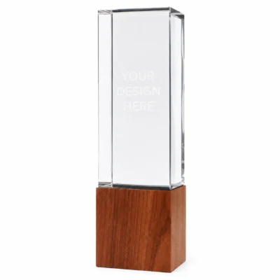 Cuboid Crystal Award with Wooden Base in Presentation Box