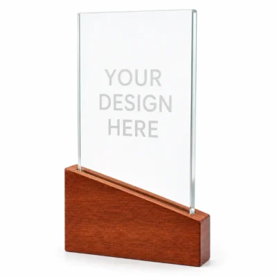 Slanted Rectangle Crystal Award with Wooden Base in Presentation Box