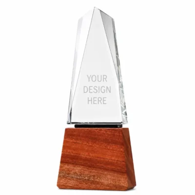 Tower-Shaped Crystal Award with Wooden Base in Presentation Box